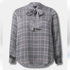 Torrid Studio Bubble Bow Tie Blouse Size 2X Long Sleeve Glen Plaid Top Modest